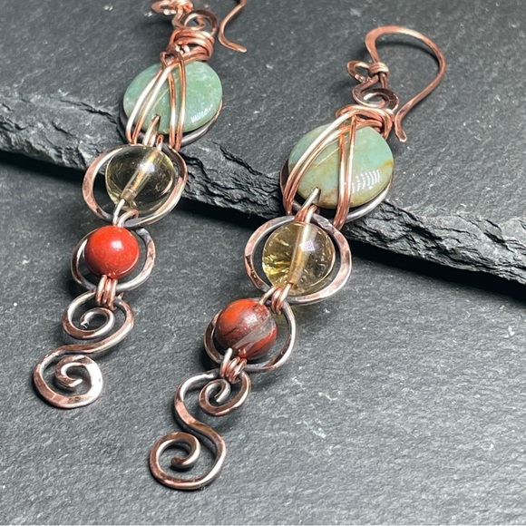 Handcrafted Hammered Copper With Agate and Citrine Gemtone Earrings - Picture 6 of 13